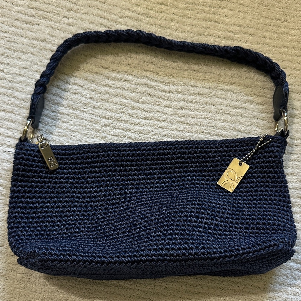 Lina Womens Purse Handbag Woven Threads Crochet Shoulder Bag Dark Blue Zip Top
